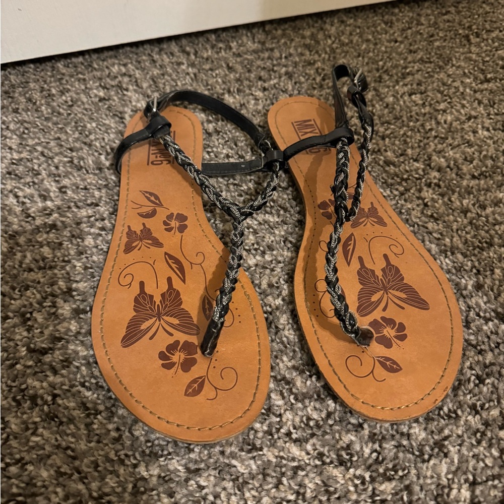 Black and silver braided sandals